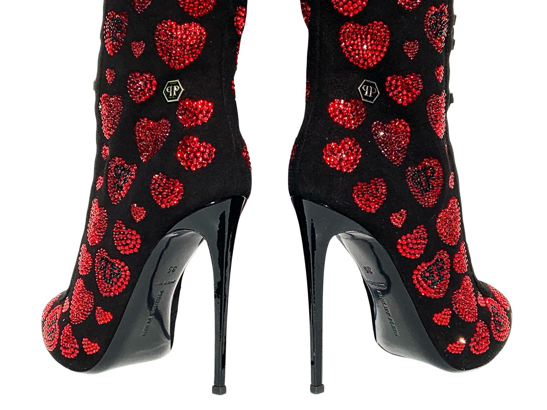 NWT Philipp Plein Over Knee Black Leather Red Crystal Hearts Lace-Up Boots It 35 For Sale 2