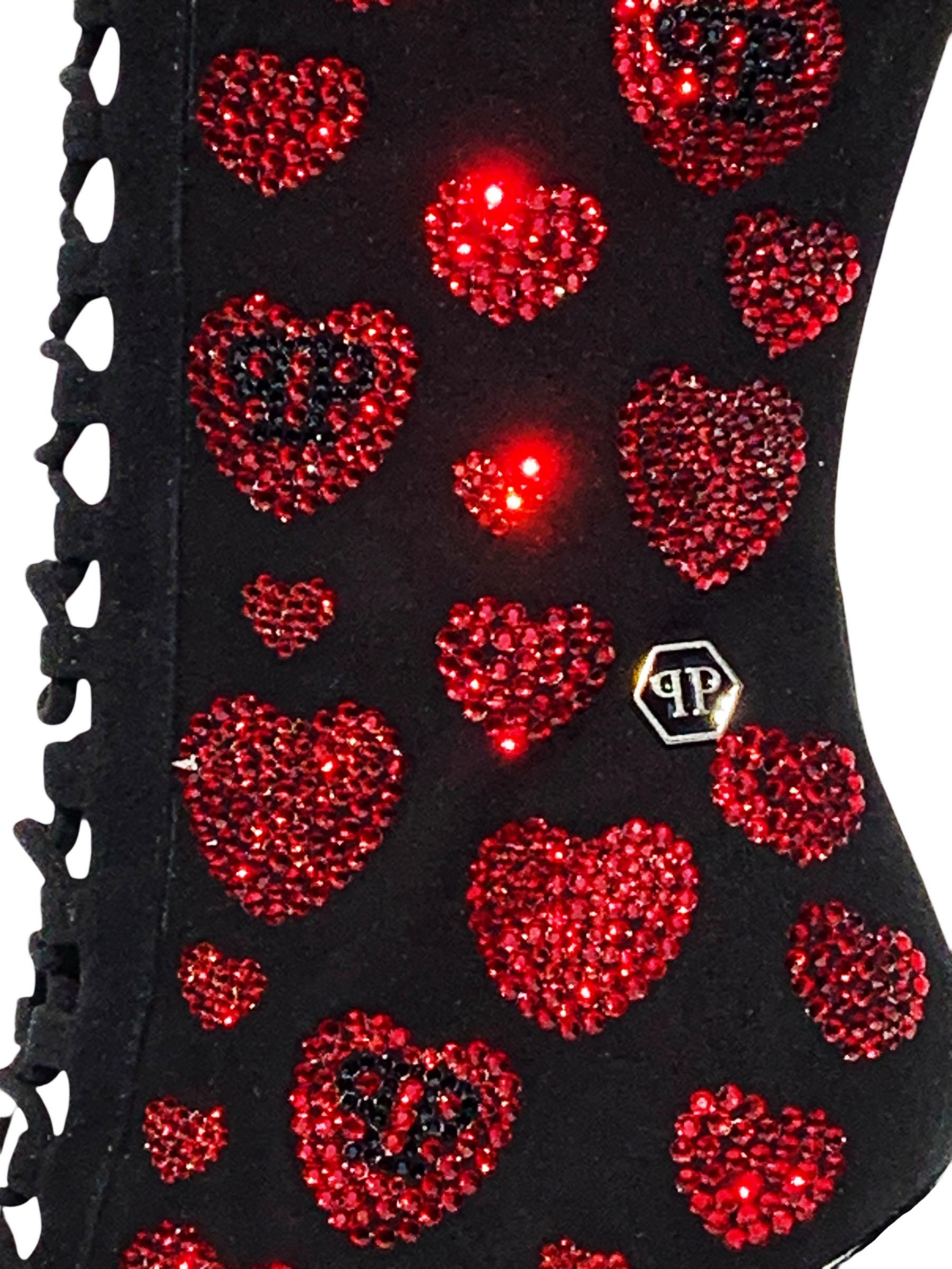NWT Philipp Plein Over Knee Black Leather Red Crystal Hearts Lace-Up Boots It 35 For Sale 3