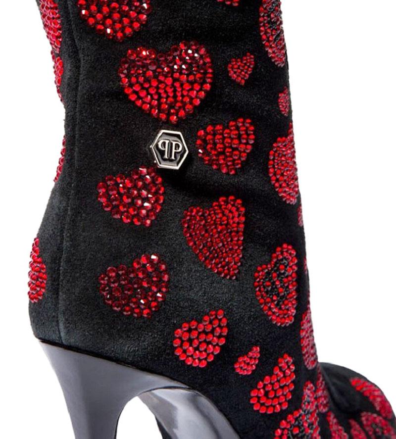 NWT Philipp Plein Over Knee Black Leather Red Crystal Hearts Lace-Up Boots It 35 For Sale 4