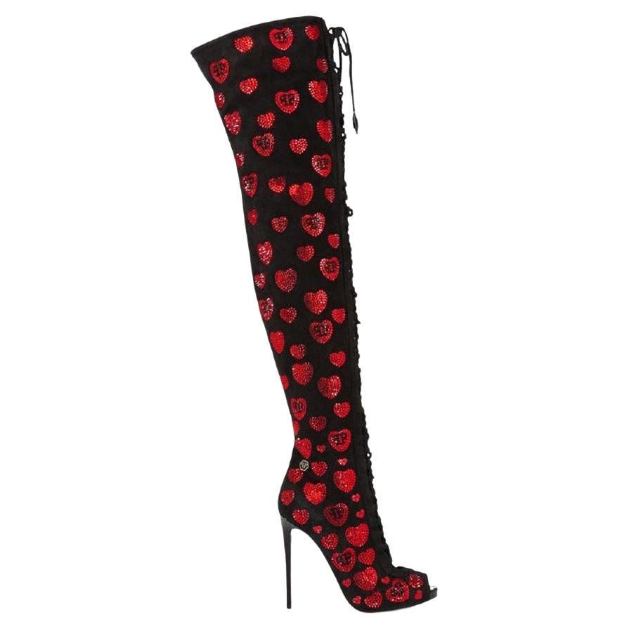 NWT Philipp Plein Over Knee Black Leather Red Crystal Hearts Lace-Up Boots It 35 For Sale