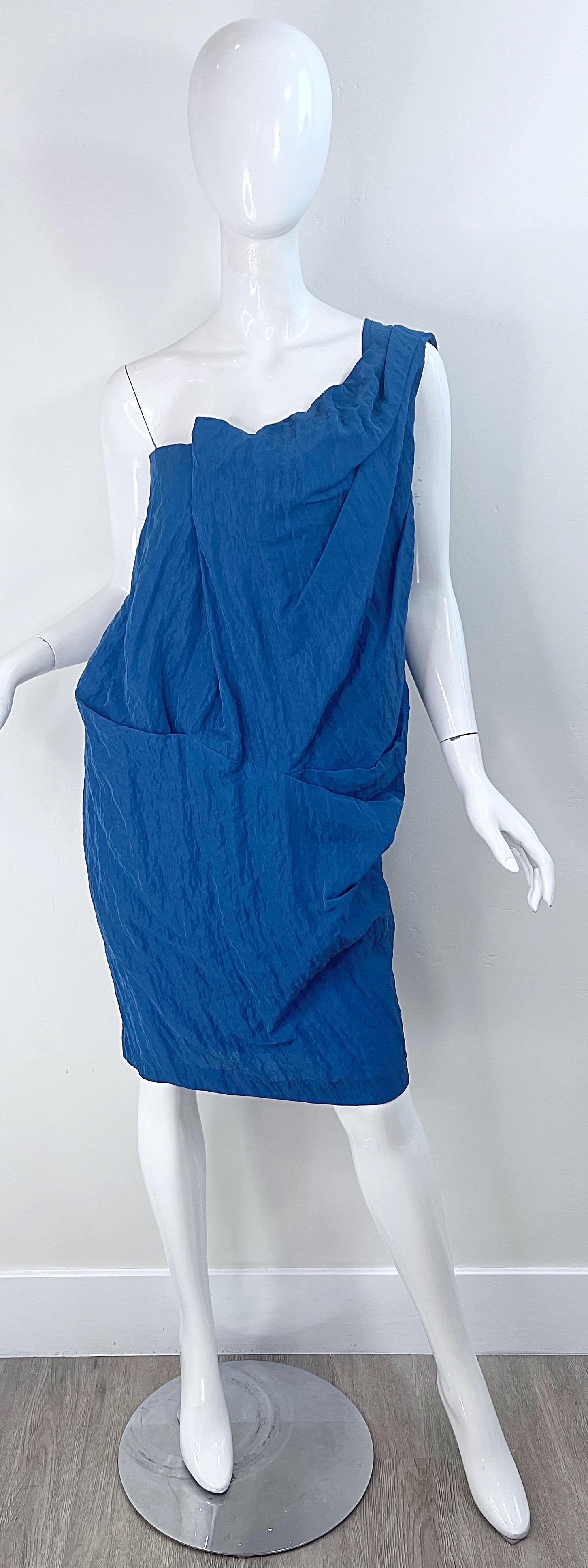 Women's NWT Ports 1961 Runway Spring 2011 Size 10 Blue One Shoulder Grecian Dress For Sale