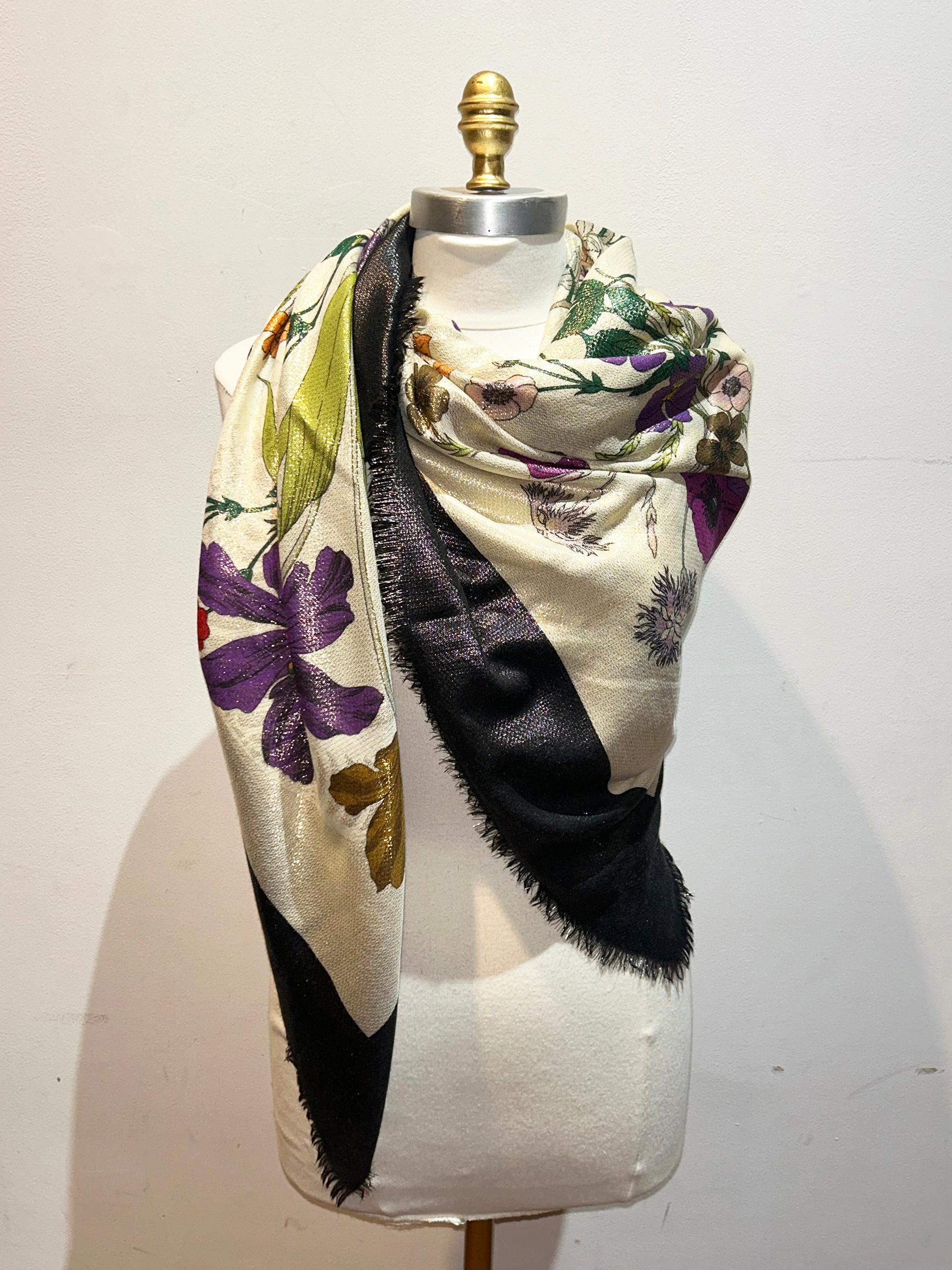 NWT RARO Gucci Floral Metálico Shimmer Lurex Gótico Serpiente Bufanda con Caja en venta 5