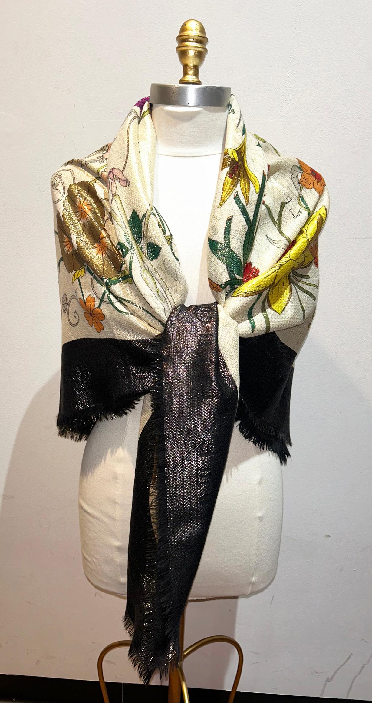 NWT RARO Gucci Floral Metálico Shimmer Lurex Gótico Serpiente Bufanda con Caja en venta 7