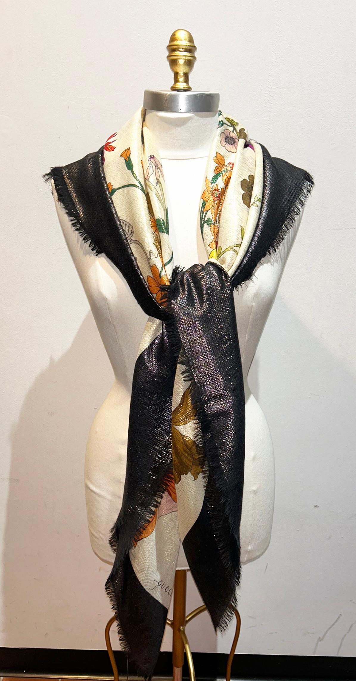 NWT RARO Gucci Floral Metálico Shimmer Lurex Gótico Serpiente Bufanda con Caja en venta 8