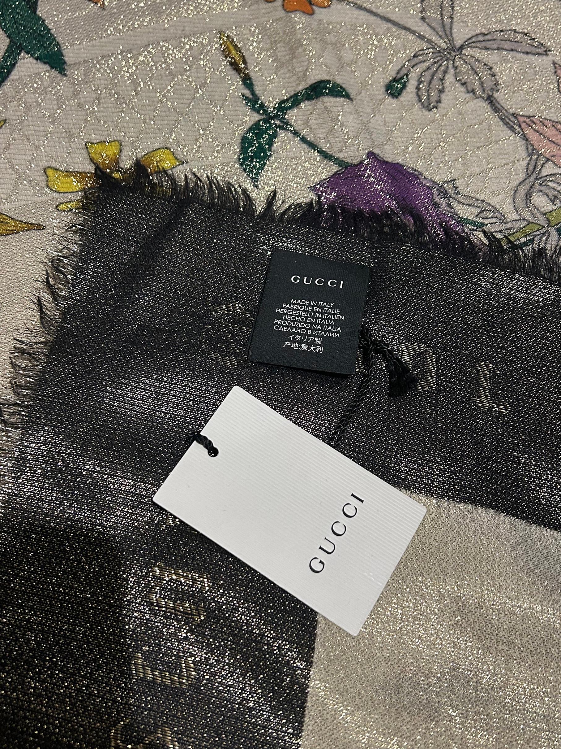 NWT RARO Gucci Floral Metálico Shimmer Lurex Gótico Serpiente Bufanda con Caja en venta 2