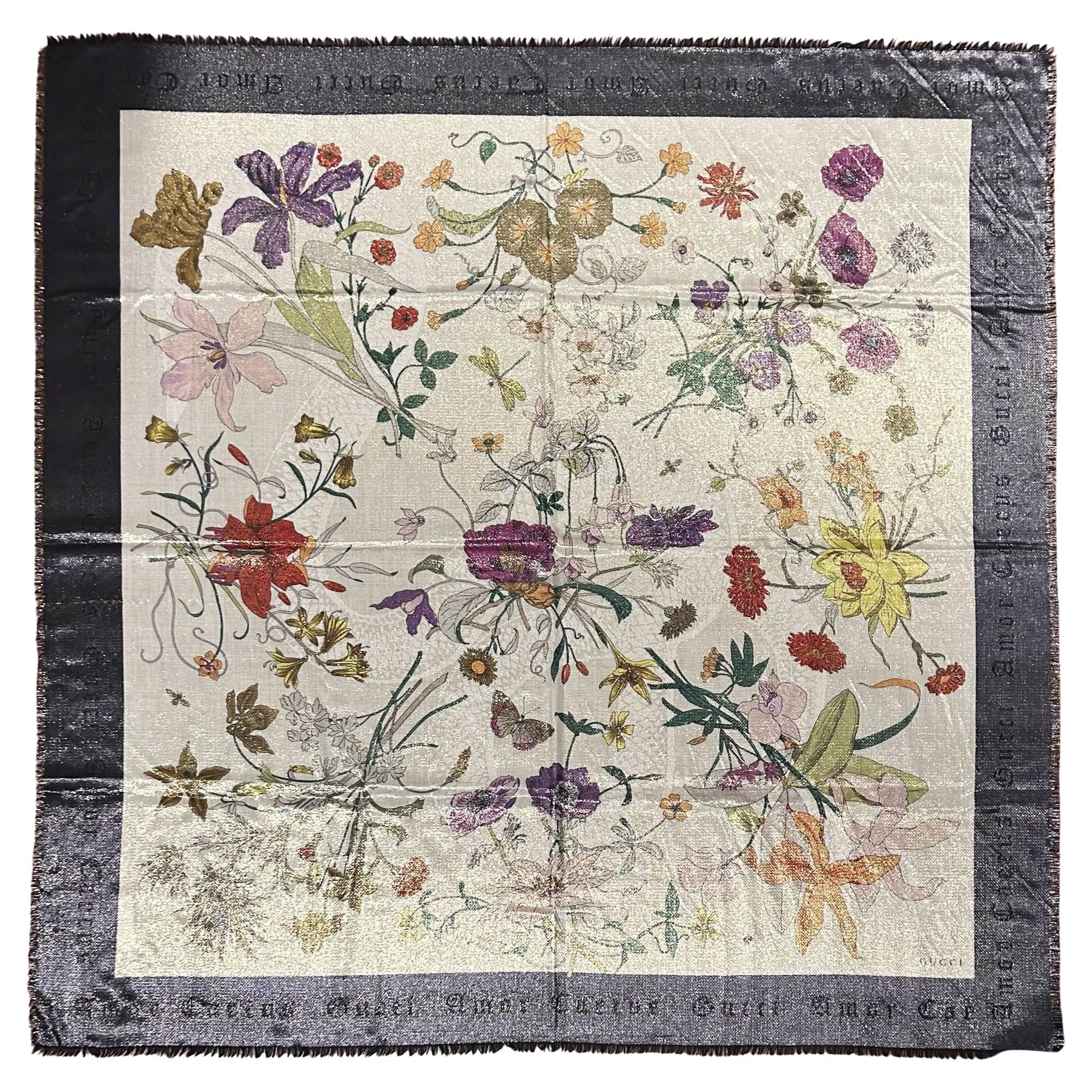 NWT RARE Gucci Floral Metallic Shimmer Lurex Gothic Snake Scarf with Box