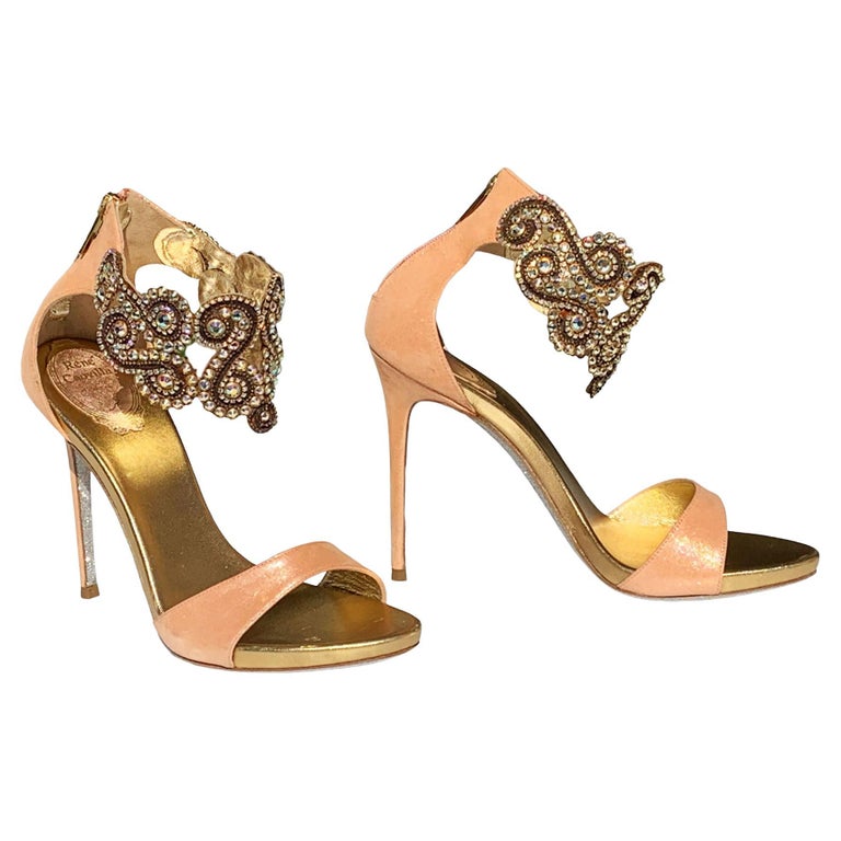 NWT Rene Caovilla Metallic Leather Peach Embellished Ankle Bracelet