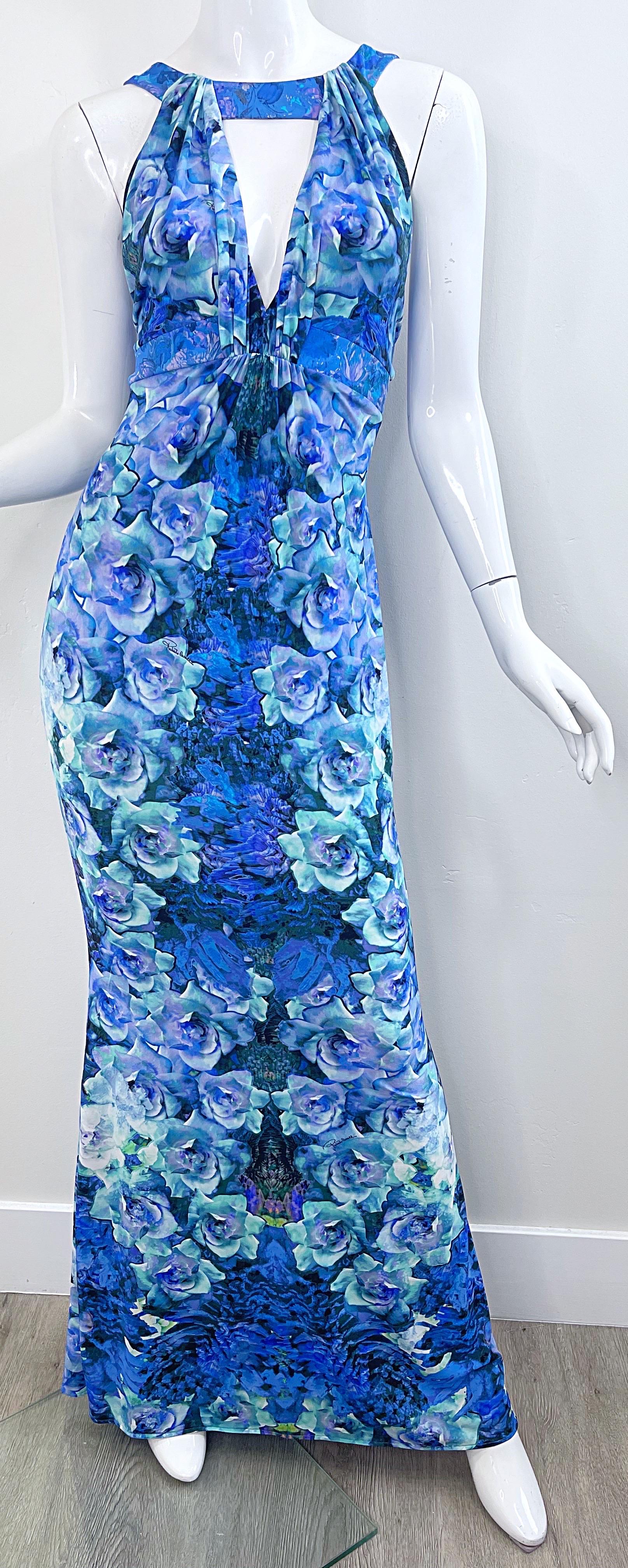 NWT Roberto Cavalli 2000s Ocean Blue Turquoise Rose Print Jersey Maxi Dress Gown For Sale 6