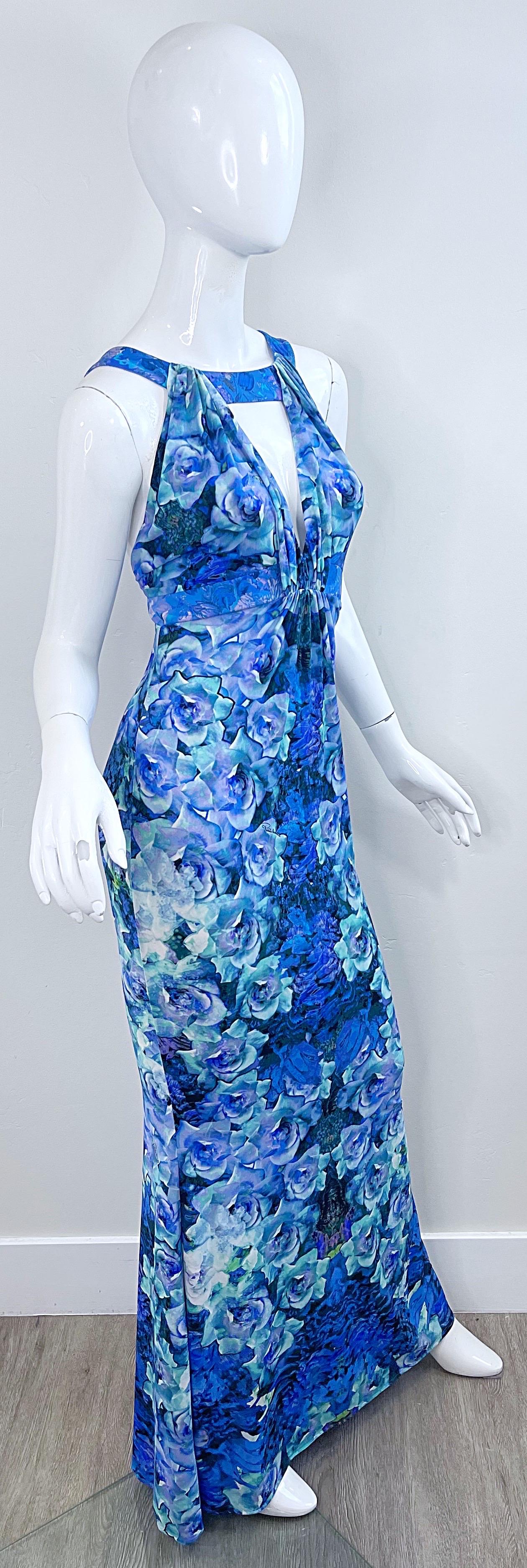 NWT Roberto Cavalli 2000s Ocean Blue Turquoise Rose Print Jersey Maxi Dress Gown For Sale 8