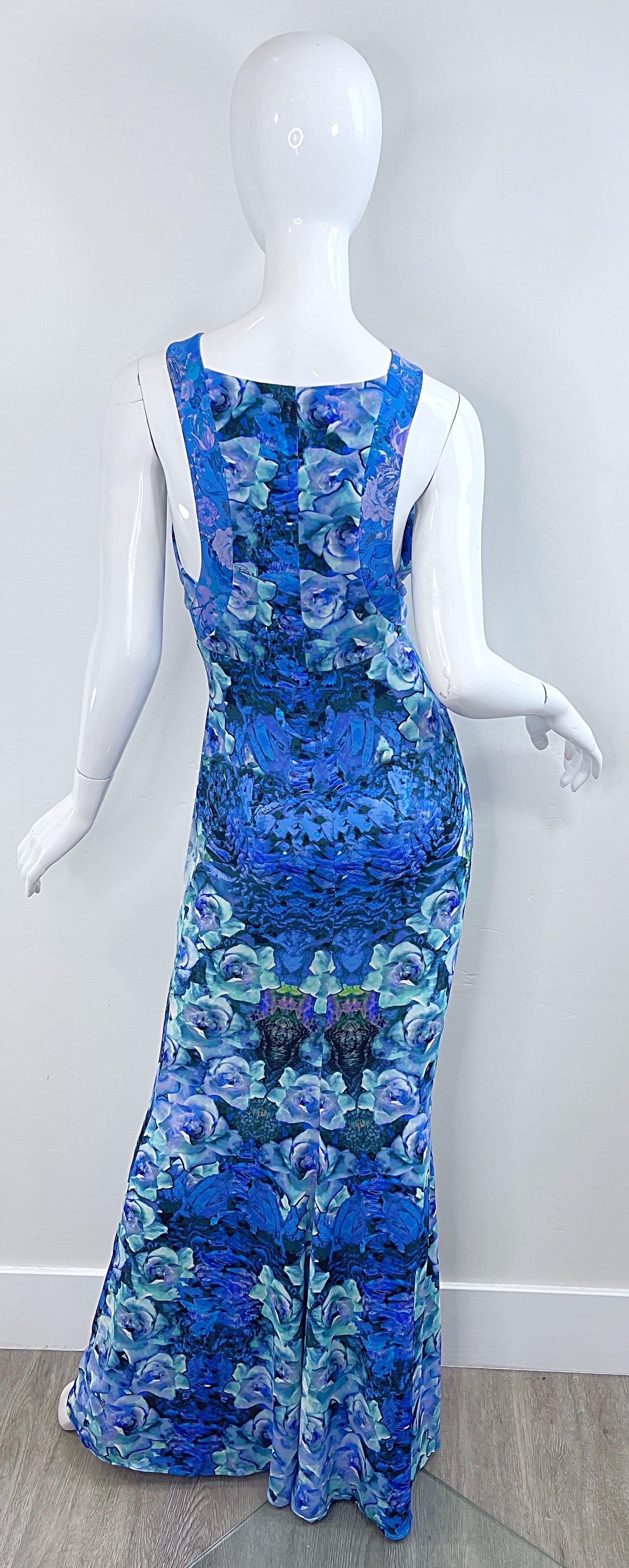 NWT Roberto Cavalli 2000s Ocean Blue Turquoise Rose Print Jersey Maxi Dress Gown For Sale 9