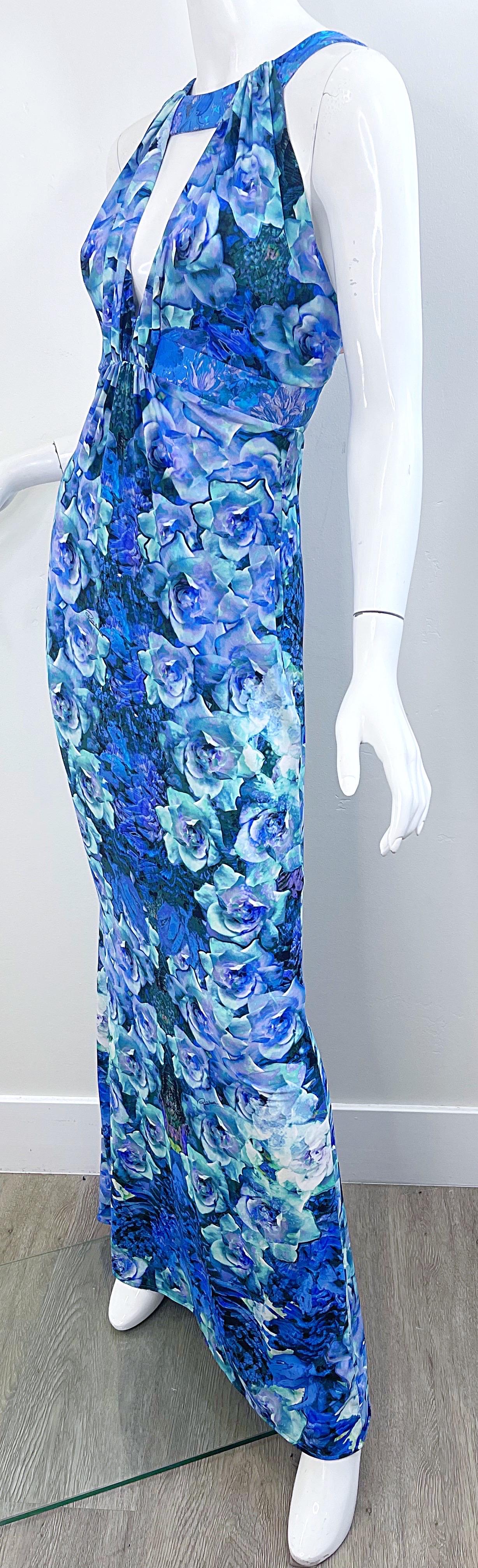 NWT Roberto Cavalli 2000s Ocean Blue Turquoise Rose Print Jersey Maxi Dress Gown For Sale 10