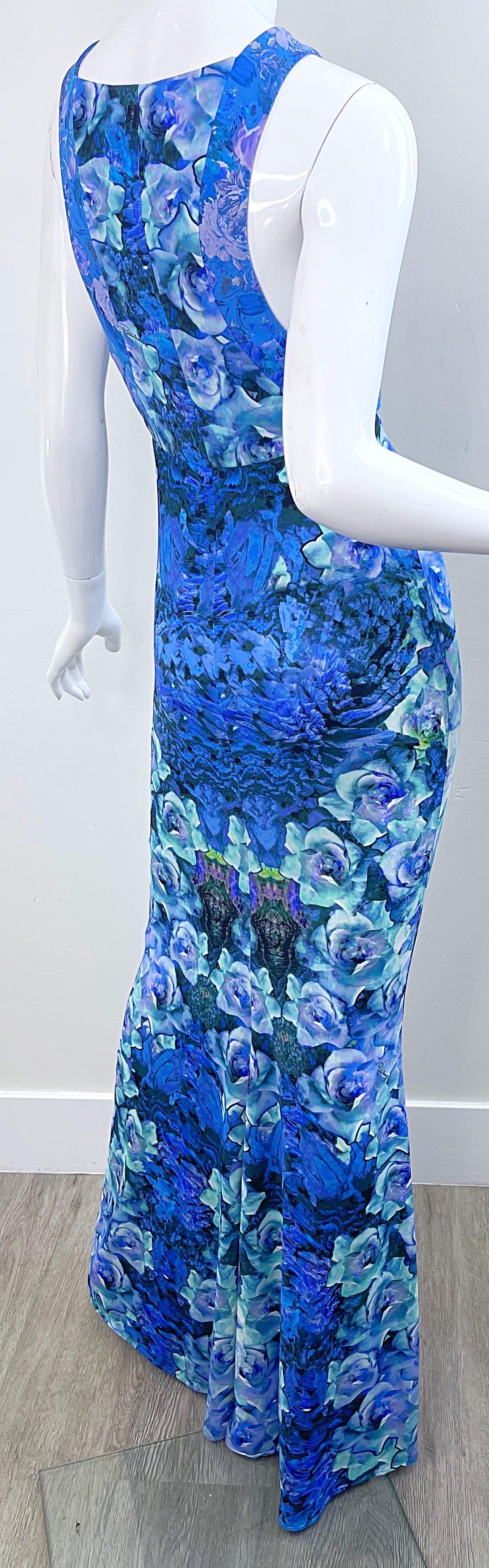 NWT Roberto Cavalli 2000s Ocean Blue Turquoise Rose Print Jersey Maxi Dress Gown For Sale 11