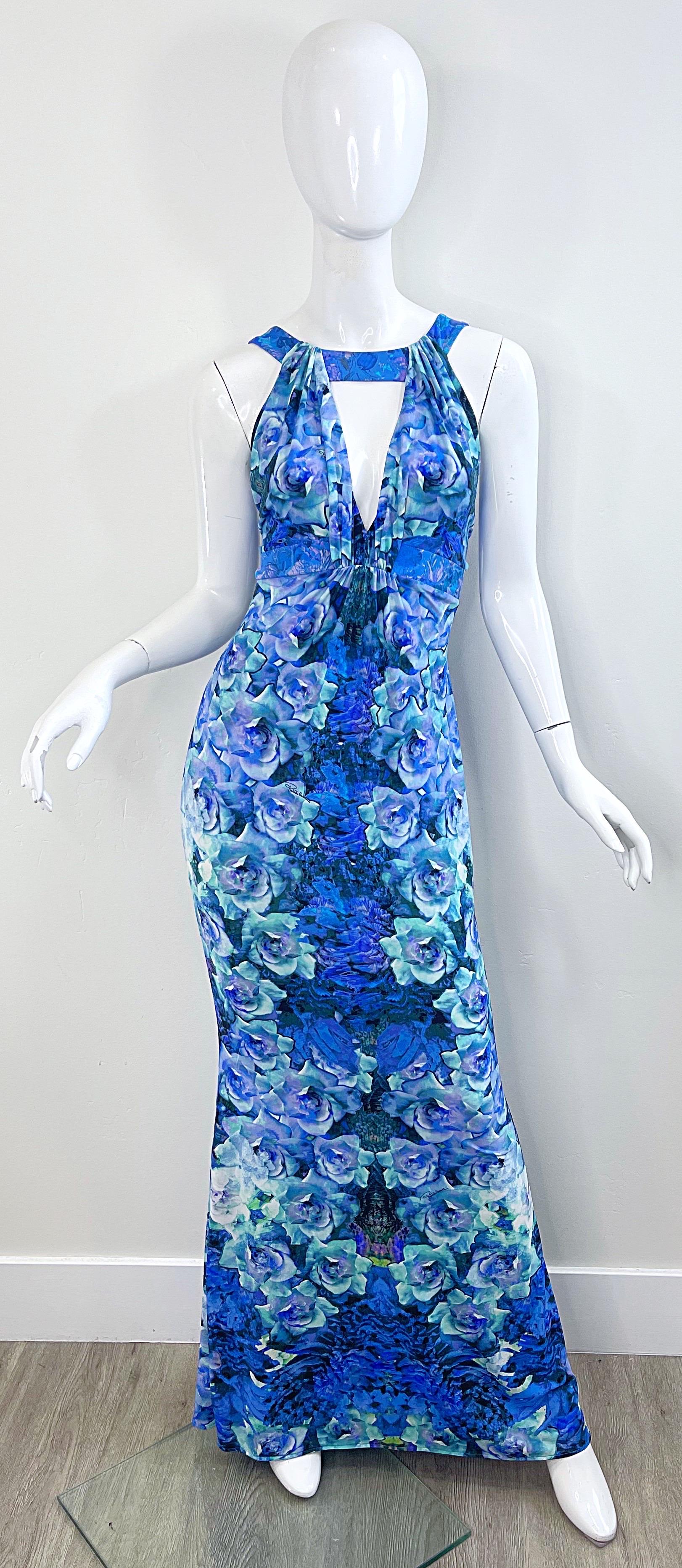 NWT Roberto Cavalli 2000s Ocean Blue Turquoise Rose Print Jersey Maxi Dress Gown For Sale 12