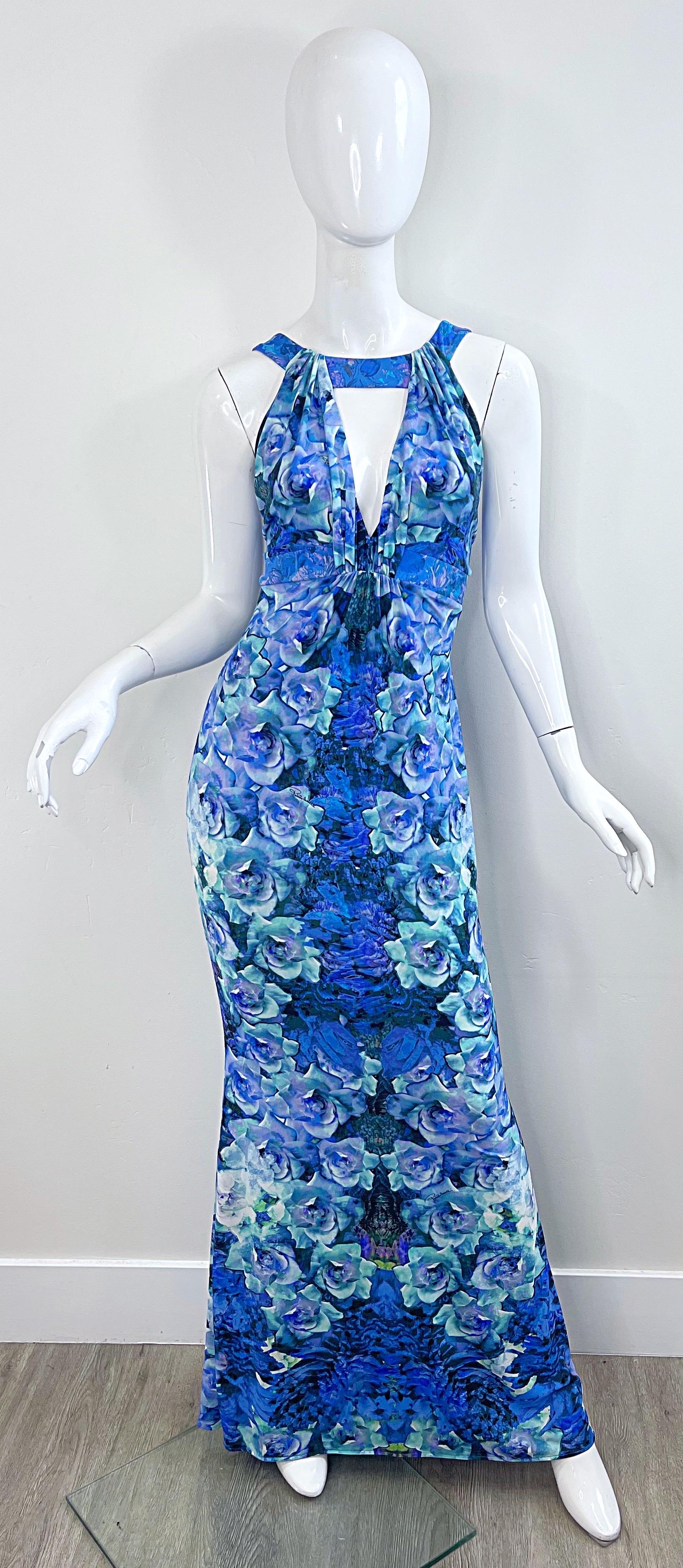 NWT Roberto Cavalli 2000s Ocean Blue Turquoise Rose Print Jersey Maxi Dress Gown In New Condition For Sale In San Diego, CA