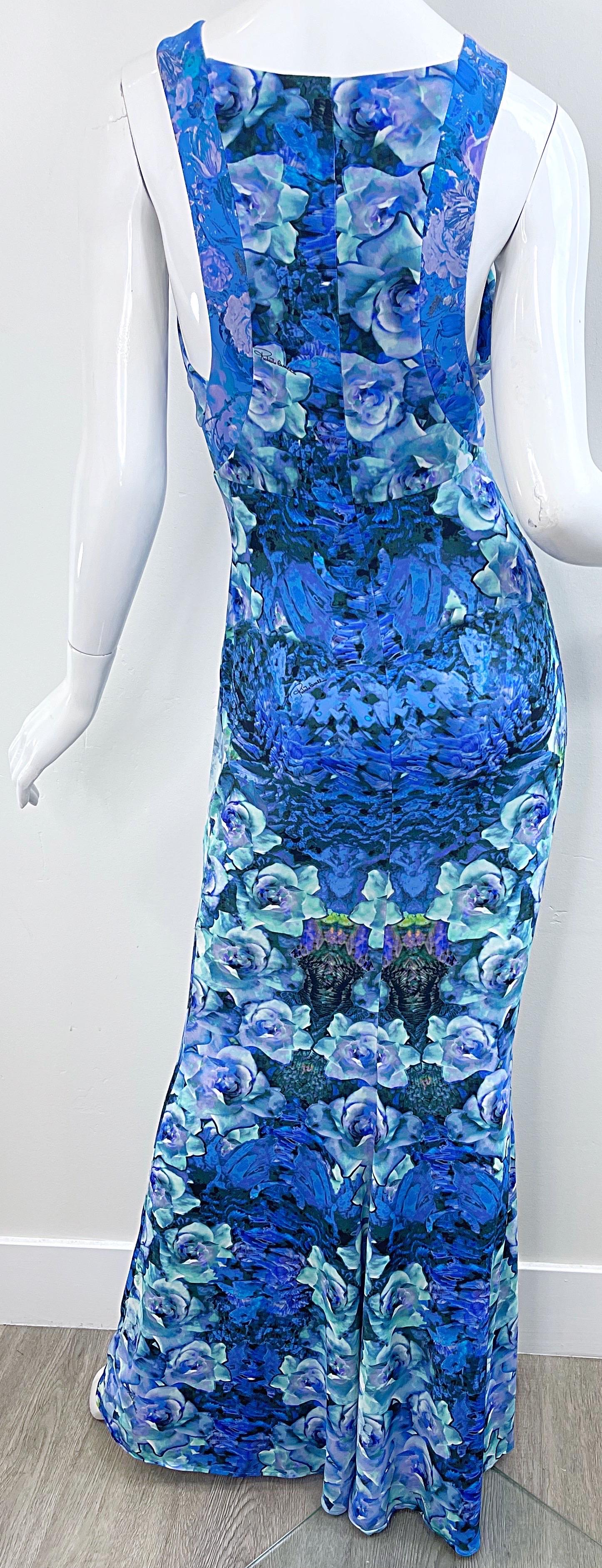 NWT Roberto Cavalli 2000s Ocean Blue Turquoise Rose Print Jersey Maxi Dress Gown For Sale 1