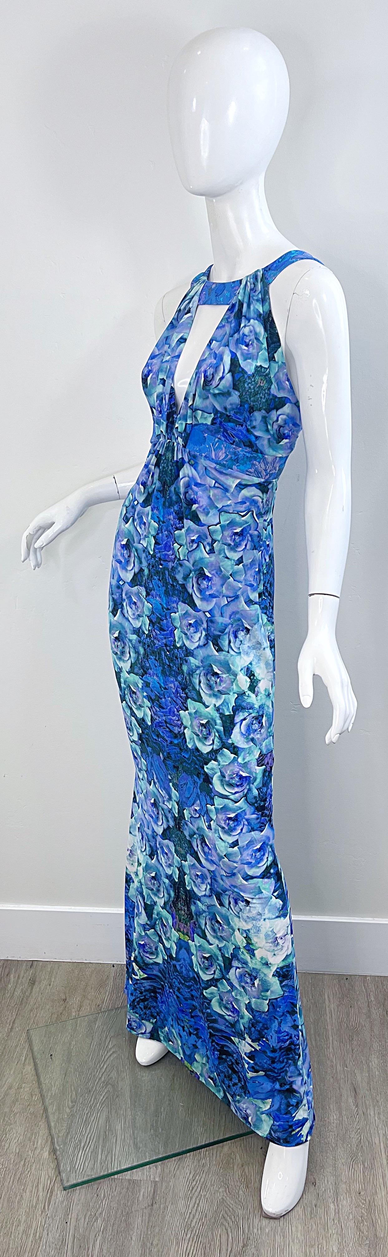 NWT Roberto Cavalli 2000s Ocean Blue Turquoise Rose Print Jersey Maxi Dress Gown For Sale 3