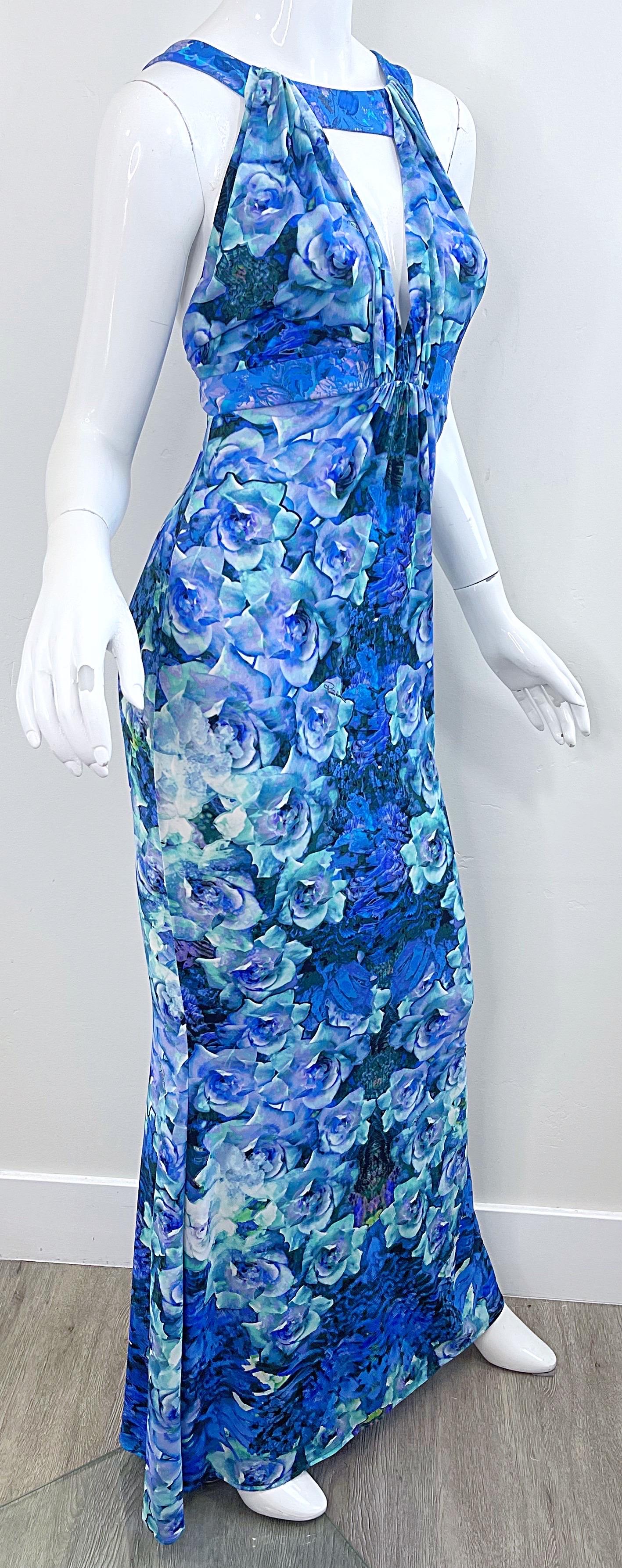 NWT Roberto Cavalli 2000s Ocean Blue Turquoise Rose Print Jersey Maxi Dress Gown For Sale 4