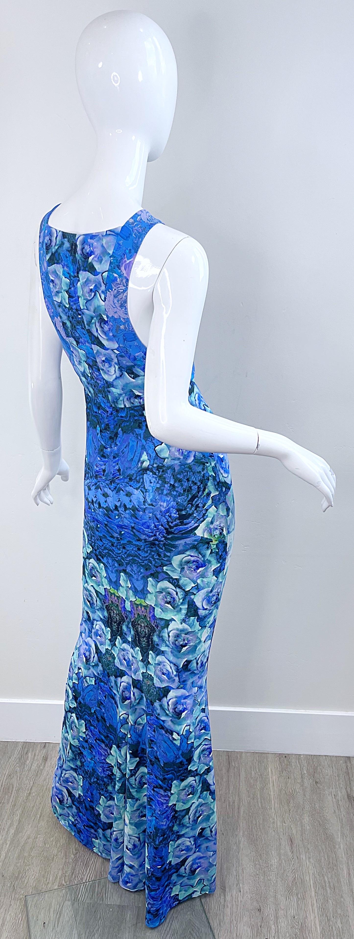 NWT Roberto Cavalli 2000s Ocean Blue Turquoise Rose Print Jersey Maxi Dress Gown For Sale 5