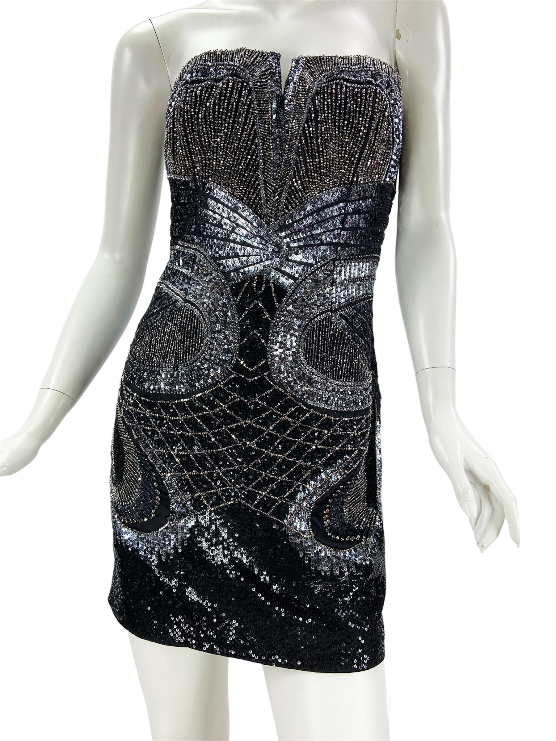 NWT Roberto Cavalli Butterfly Fully Embellished Black Silver Mini Dress It. 44 In New Condition For Sale In Montgomery, TX