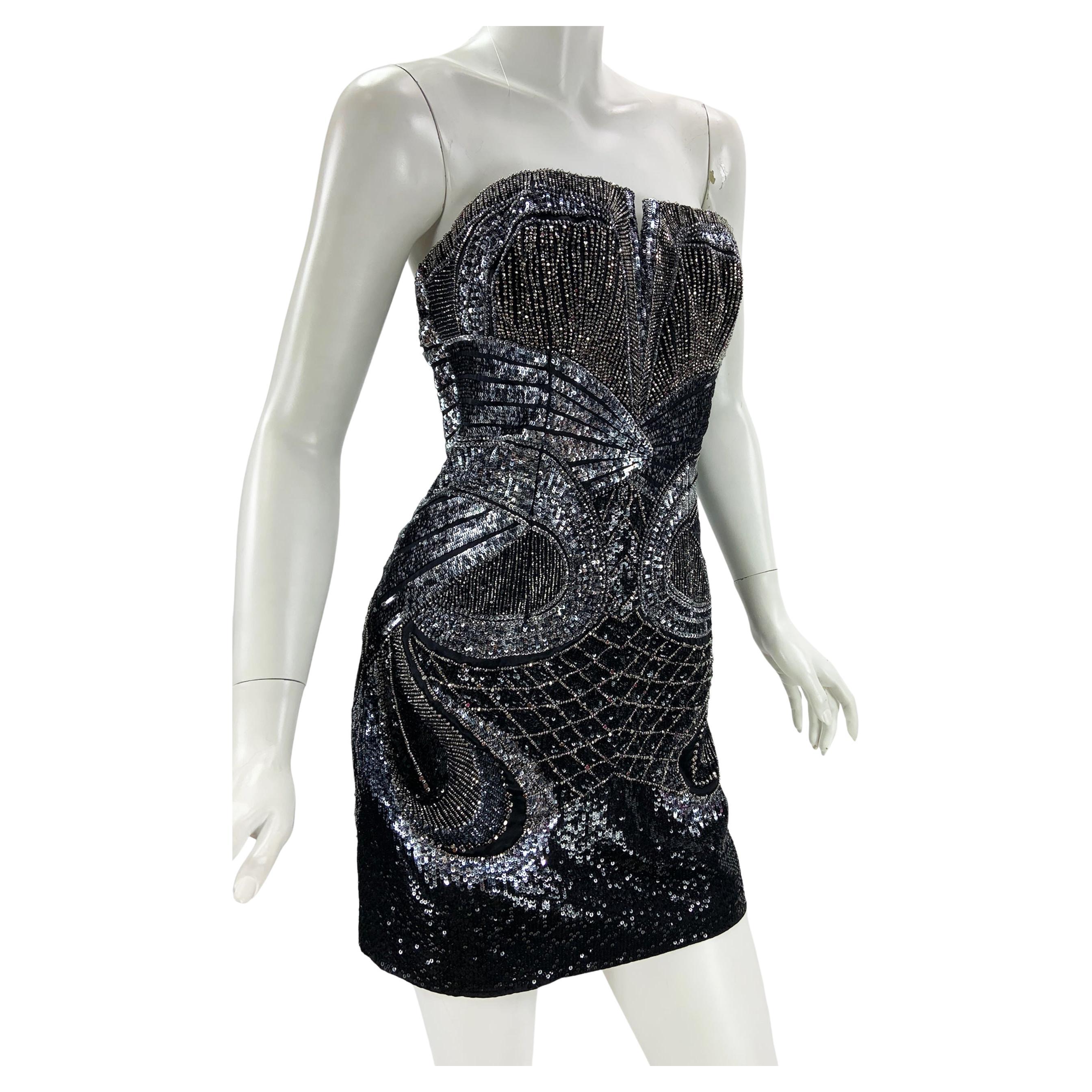 NWT Roberto Cavalli Butterfly Fully Embellished Black Silver Mini Dress It. 44 For Sale