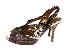 NWT Roberto Cavalli Crocodile Brown Gold Scroll Painted Shoes Sandals It 38 US 8
