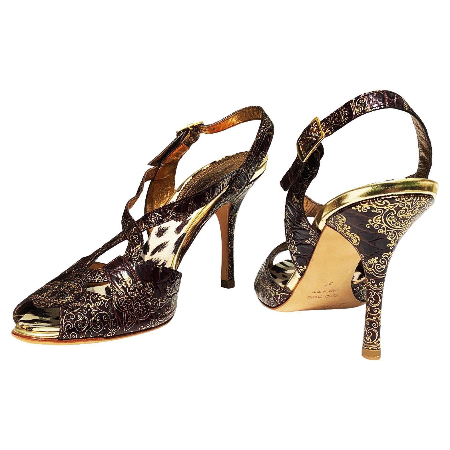 NWT Roberto Cavalli Crocodile Brown Gold Scroll Painted Shoes Sandals It 38 US 8