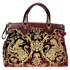 Used NWT Roberto Cavalli F 2006 Burgundy Velour Gold Painted Crocodile Trim Large Bag