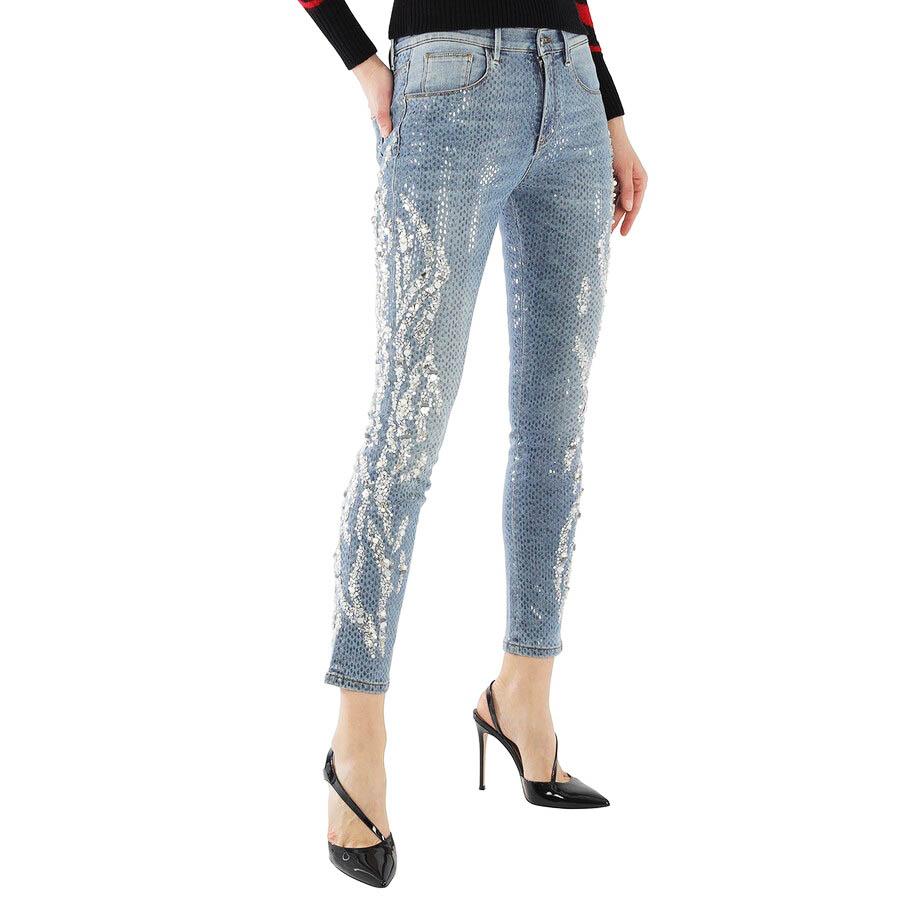 Gray NWT Roberto Cavalli Fully Beaded Blue Slim Fit Jeans Italian 42 For Sale