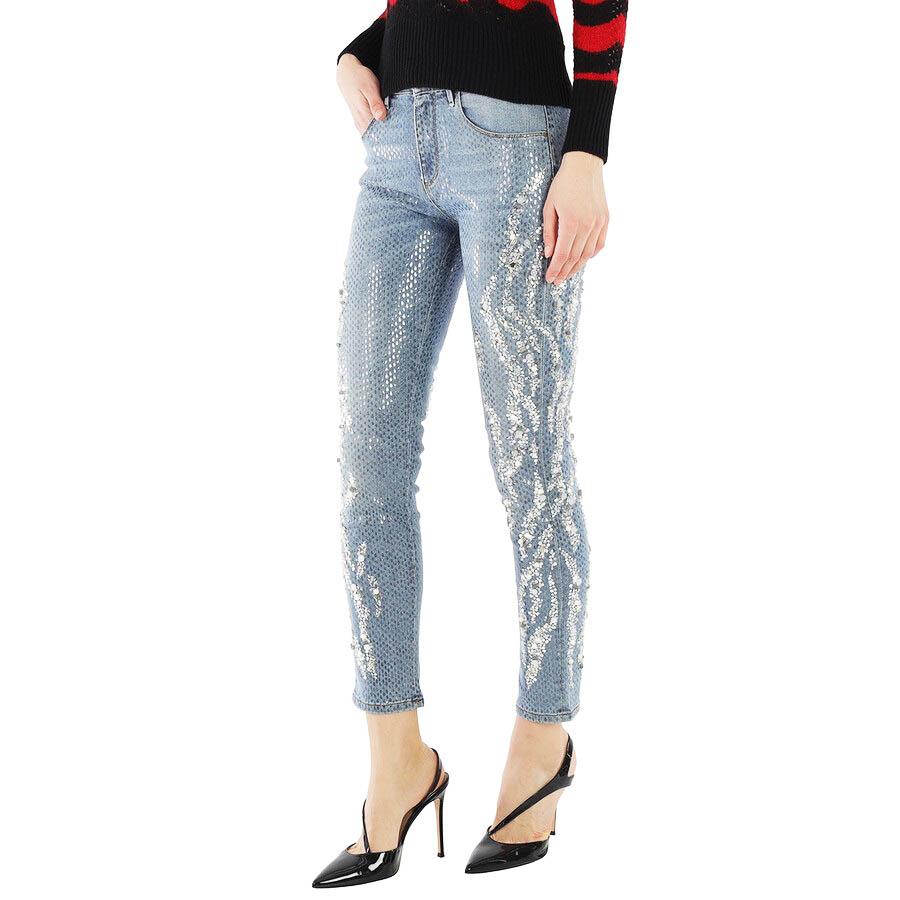 NWT Roberto Cavalli Fully Beaded Blue Slim Fit Jeans Italian 42 In New Condition For Sale In Montgomery, TX