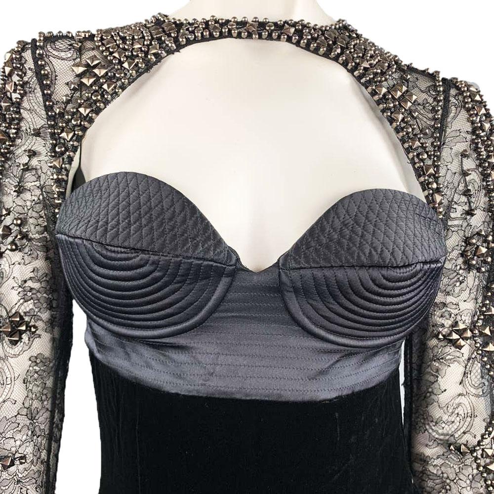 NWT Roberto Cavalli FW 2005 Black Bustier Velvet Lace Studded Dress It 44 - US 8 For Sale 1