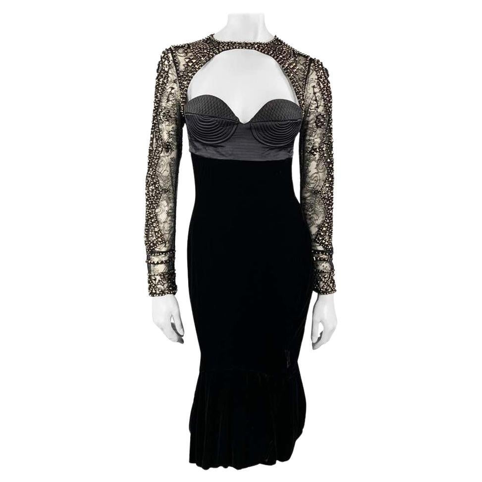 NWT Roberto Cavalli FW 2005 Black Bustier Velvet Lace Studded Dress It 44 - US 8 For Sale