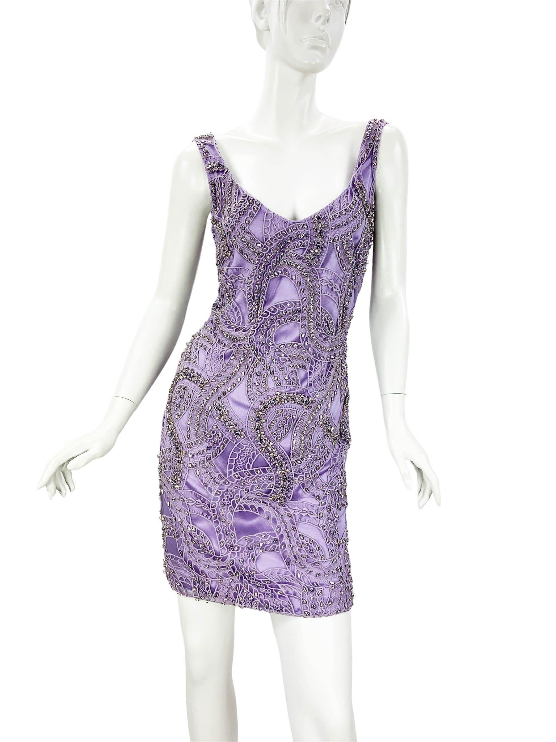 Women's NWT Roberto Cavalli Light Purple Crystal Embellished Mini Dress Italian 40, 42 For Sale