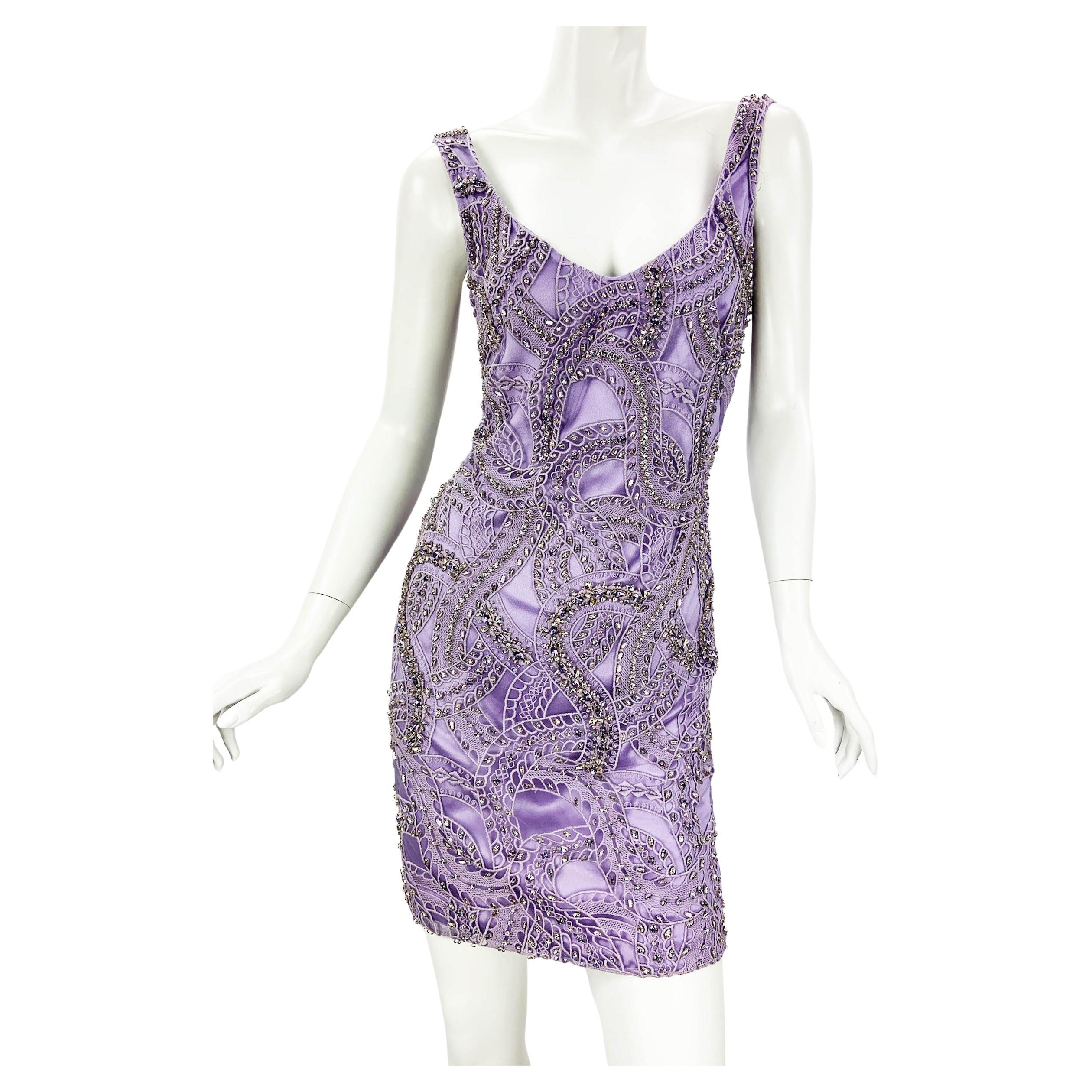 NWT Roberto Cavalli Light Purple Crystal Embellished Mini Dress Italian 40, 42 For Sale