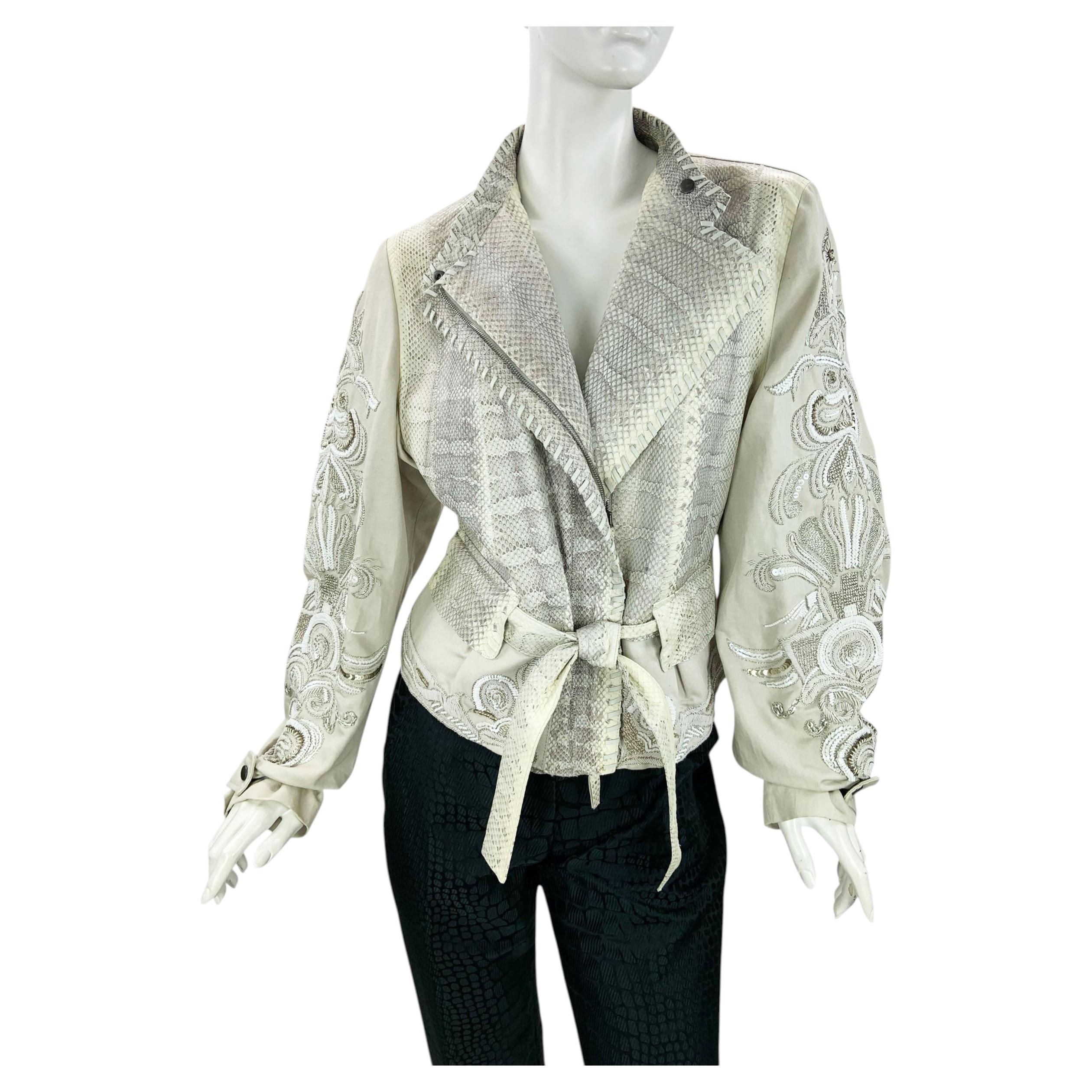 NWT Roberto Cavalli Snake Print Leather with Beaded Statement Sleeves Italian 44