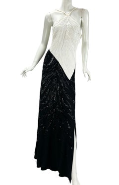 NWT Roberto Cavalli White Black Halter Embellished Maxi Dress Gown It 44 US 8/10