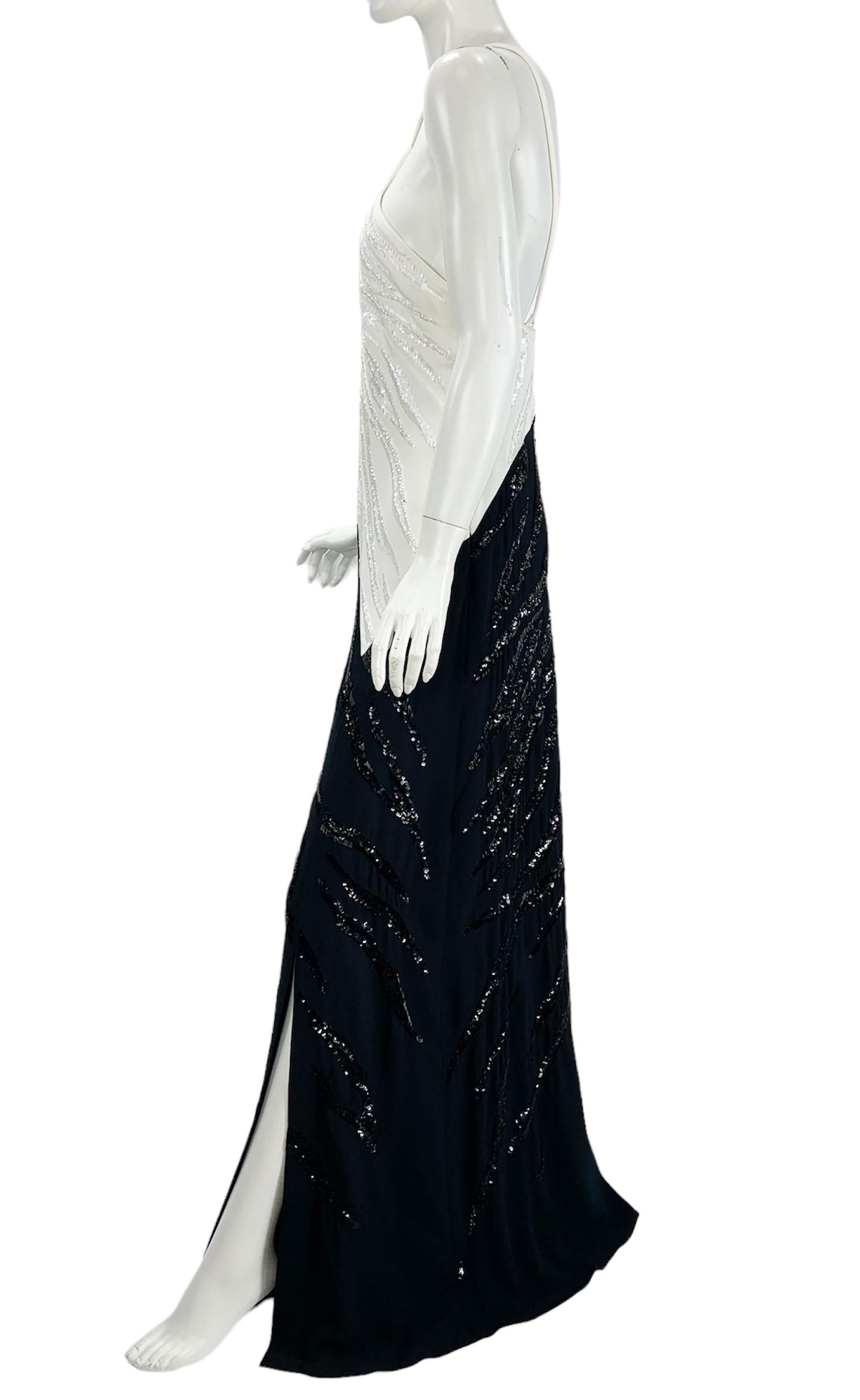 Women's NWT Roberto Cavalli White Black Halter Embellished Maxi Dress Gown It 44 US 8/10 For Sale