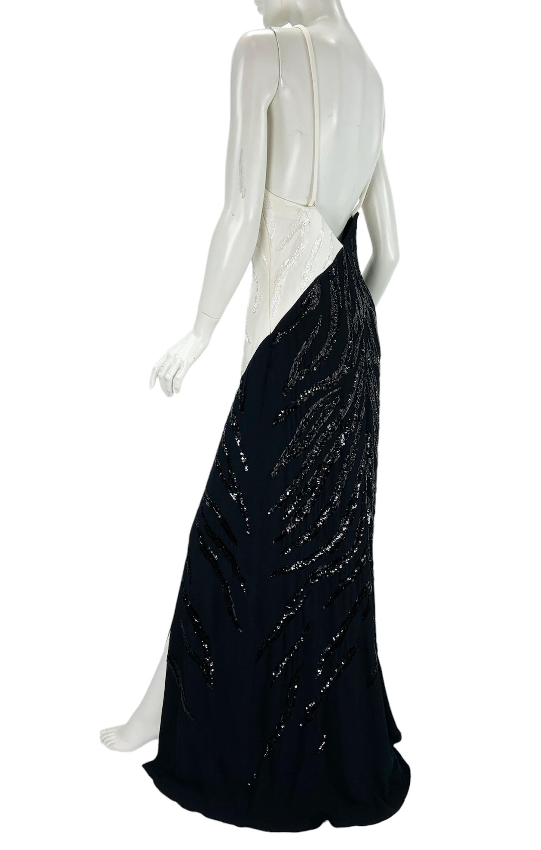 NWT Roberto Cavalli White Black Halter Embellished Maxi Dress Gown It 44 US 8/10 For Sale 1