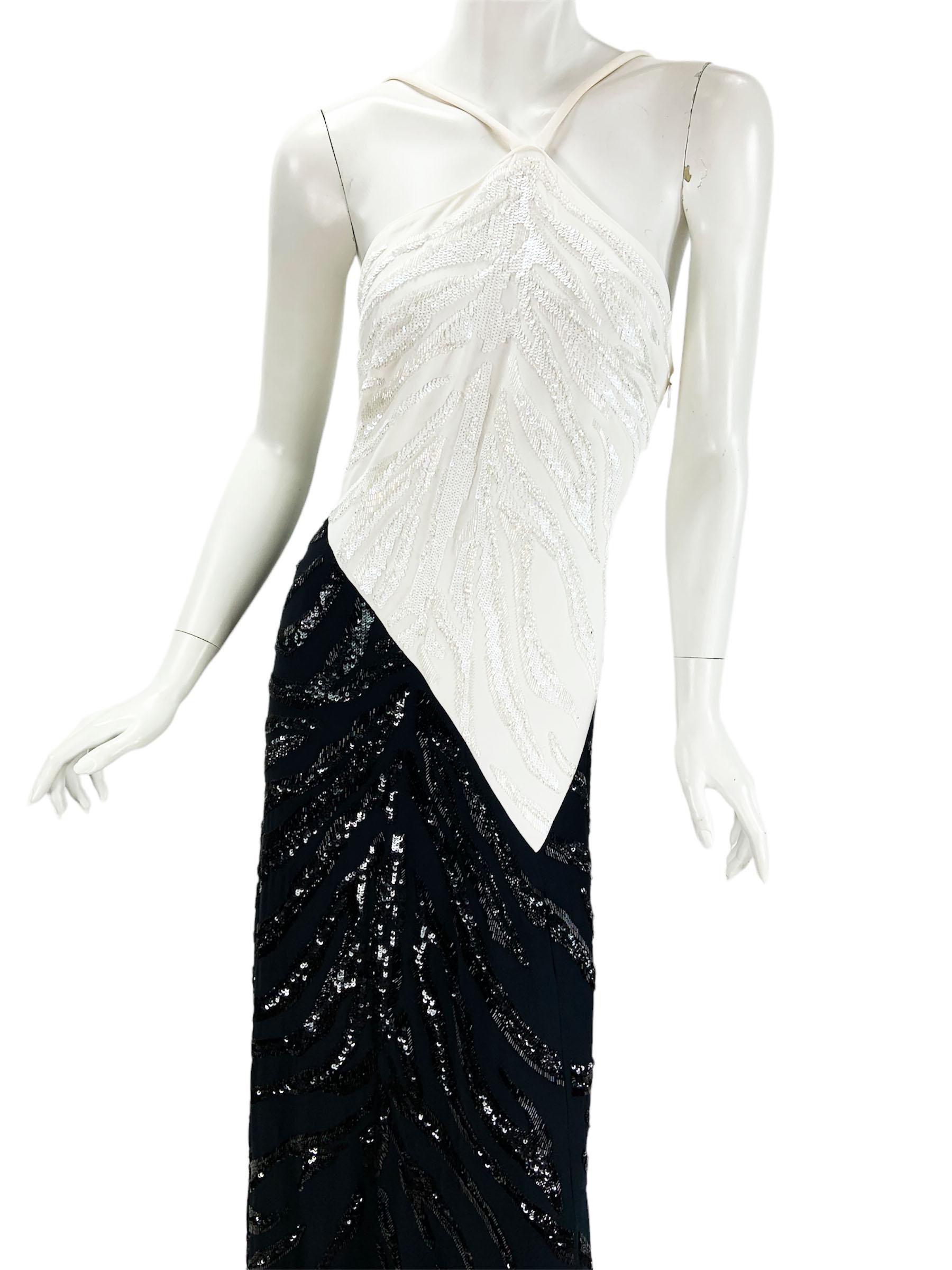 NWT Roberto Cavalli White Black Halter Embellished Maxi Dress Gown It 44 US 8/10 For Sale 2