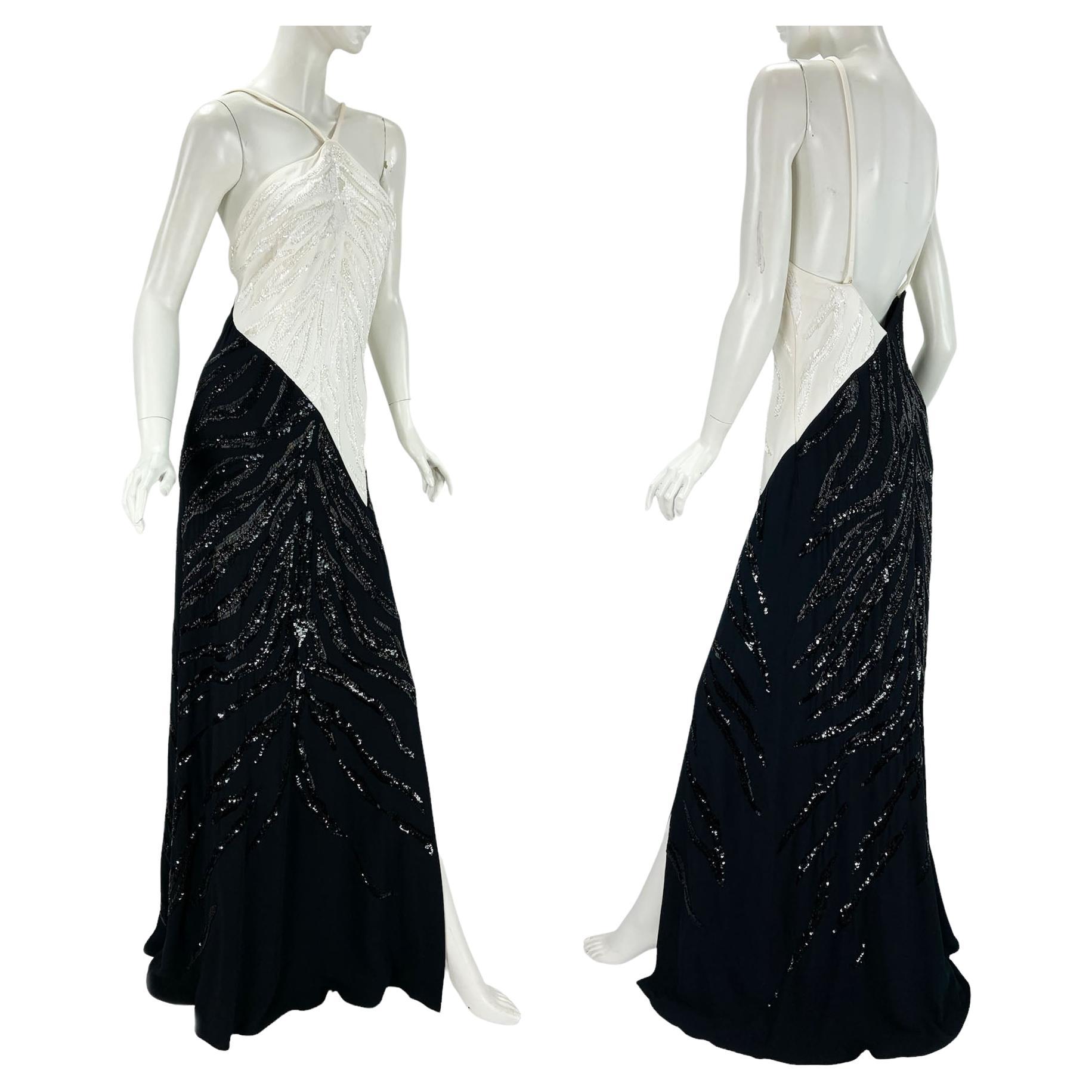 NWT Roberto Cavalli White Black Halter Embellished Maxi Dress Gown It 44 US 8/10 For Sale