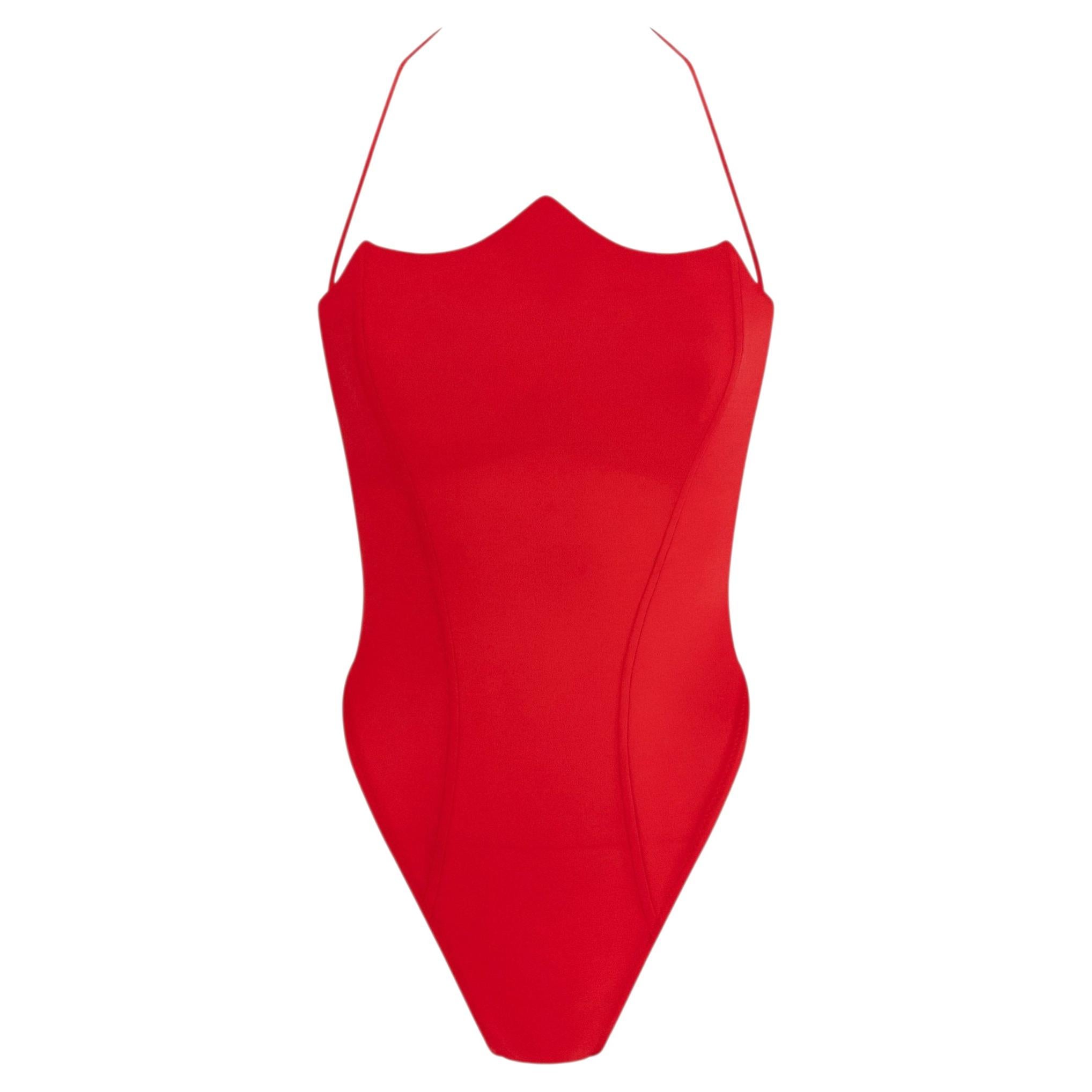 NWT S/S 1991 Gianni Versace Roter, hoch geschnittener Einteiler mit spitz zulaufendem Ausschnitt IT40