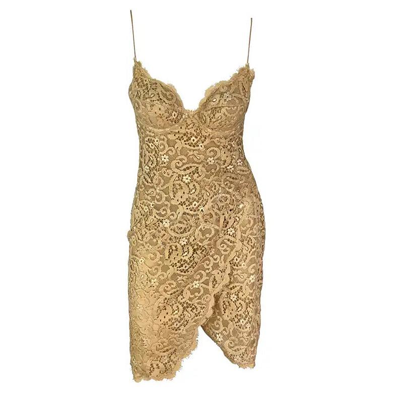 NWT S/S 1995 Donna Karan Pasarela Beige Encaje Estilo Envolvente Vestido Slip