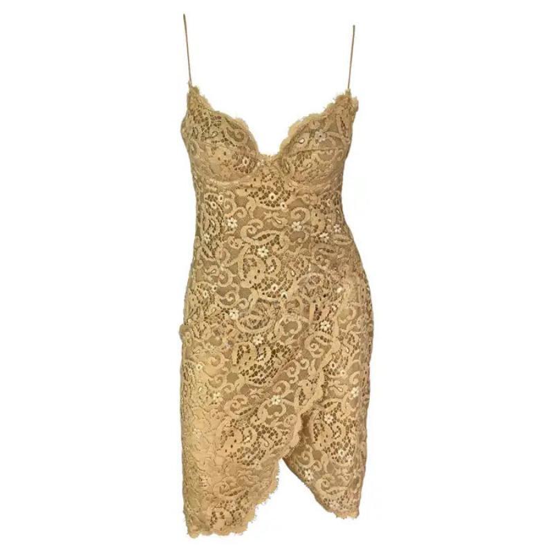 NEU F/S 1995 Donna Karan Laufsteg Beigefarbenes Slip-Kleid aus Spitze im Wickelstil