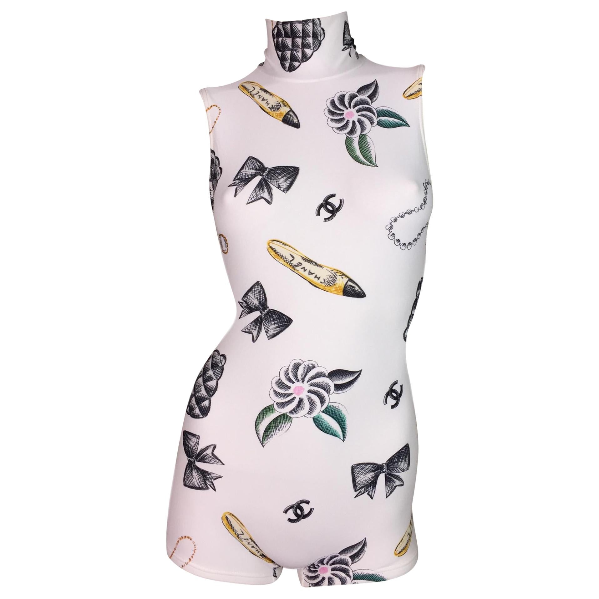 NWT S/S 1996 Chanel White Logo Monogram Lipstick Print Romper Jumpsuit