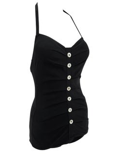 NWT S/S 1996 Dolce & Gabbana Black Pleated Logo Button One-Piece Swimsuit