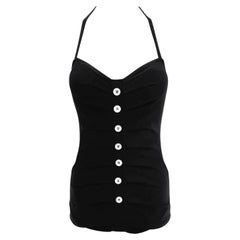 NWT S/S 1996 Dolce & Gabbana Schwarzer plissierter Logo-Knopf einteiliger Badeanzug
