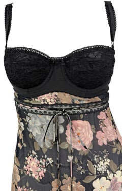 NWT S/S 1997 Dolce & Gabbana Sheer Floral Black Lace Trim Bustier Slip Dress
