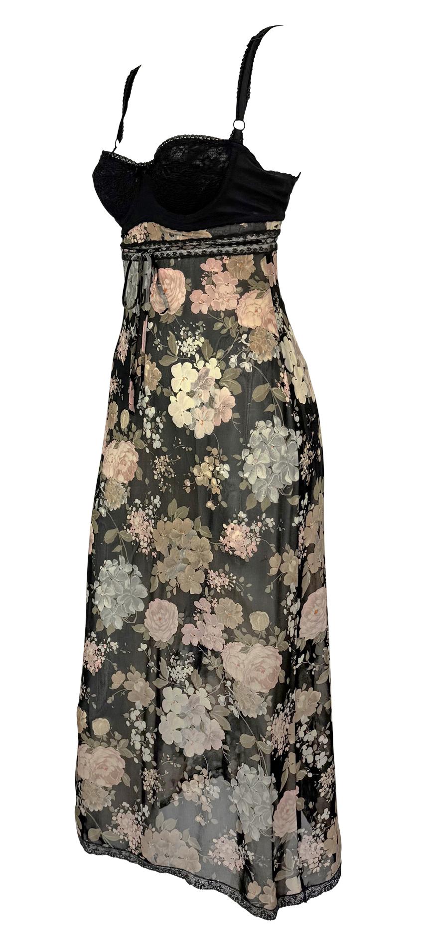 NWT S/S 1997 Dolce & Gabbana Sheer Floral Black Lace Trim Bustier Slip Dress In Excellent Condition For Sale In West Hollywood, CA