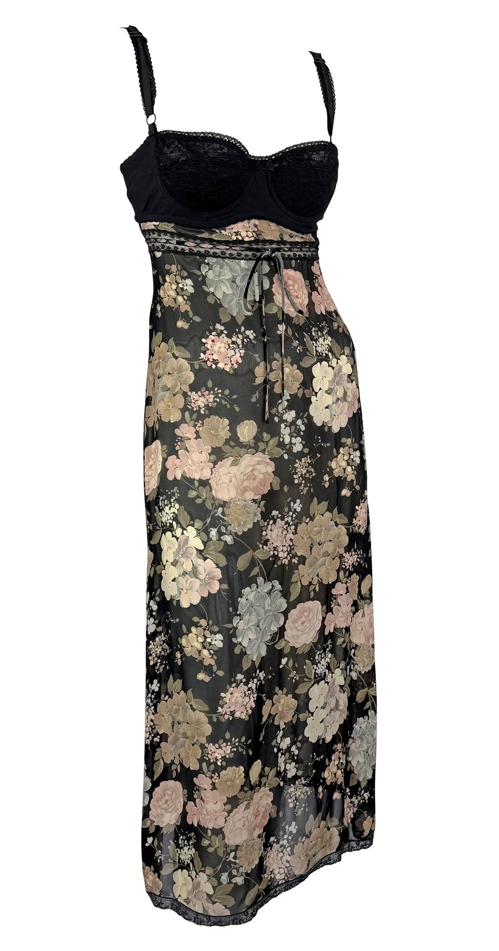 NWT S/S 1997 Dolce & Gabbana Sheer Floral Black Lace Trim Bustier Slip Dress For Sale 3