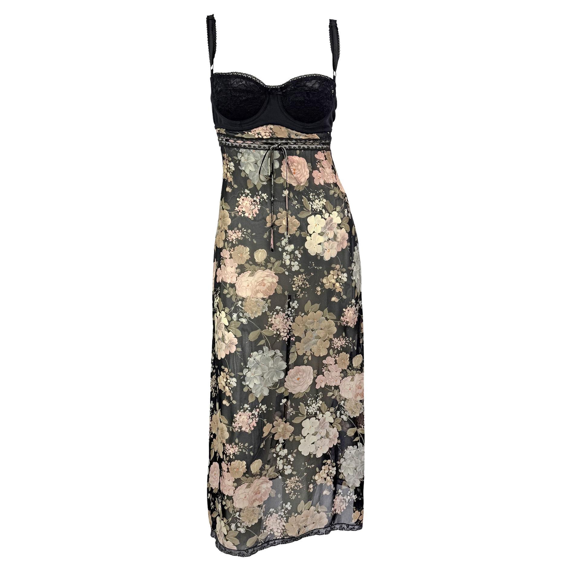 NWT S/S 1997 Dolce & Gabbana Sheer Floral Black Lace Trim Bustier Slip Dress For Sale