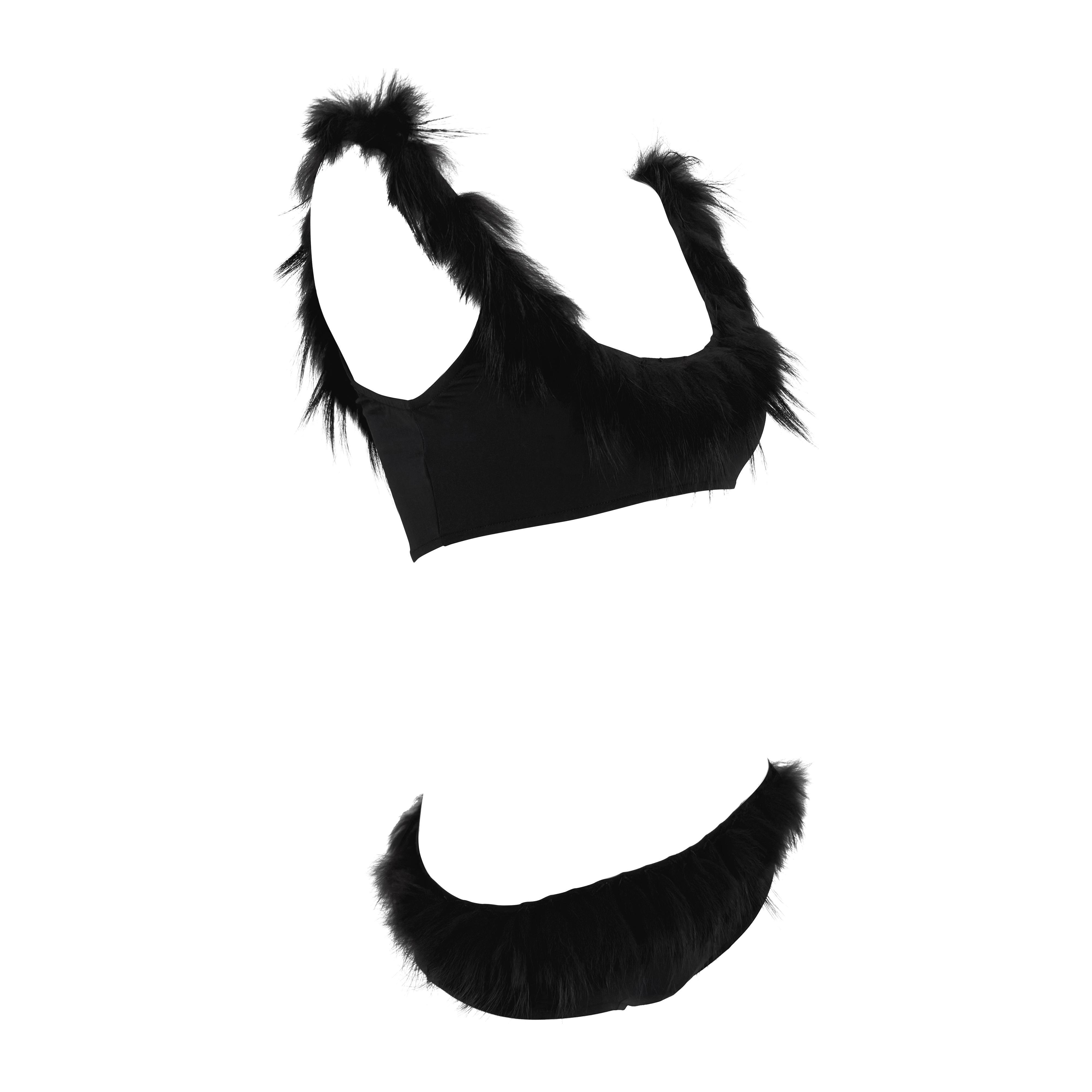 NWT S/S 1998 Fendi by Karl Lagerfeld Black Fur Appliqué Bikini Swimsuit Set For Sale 4